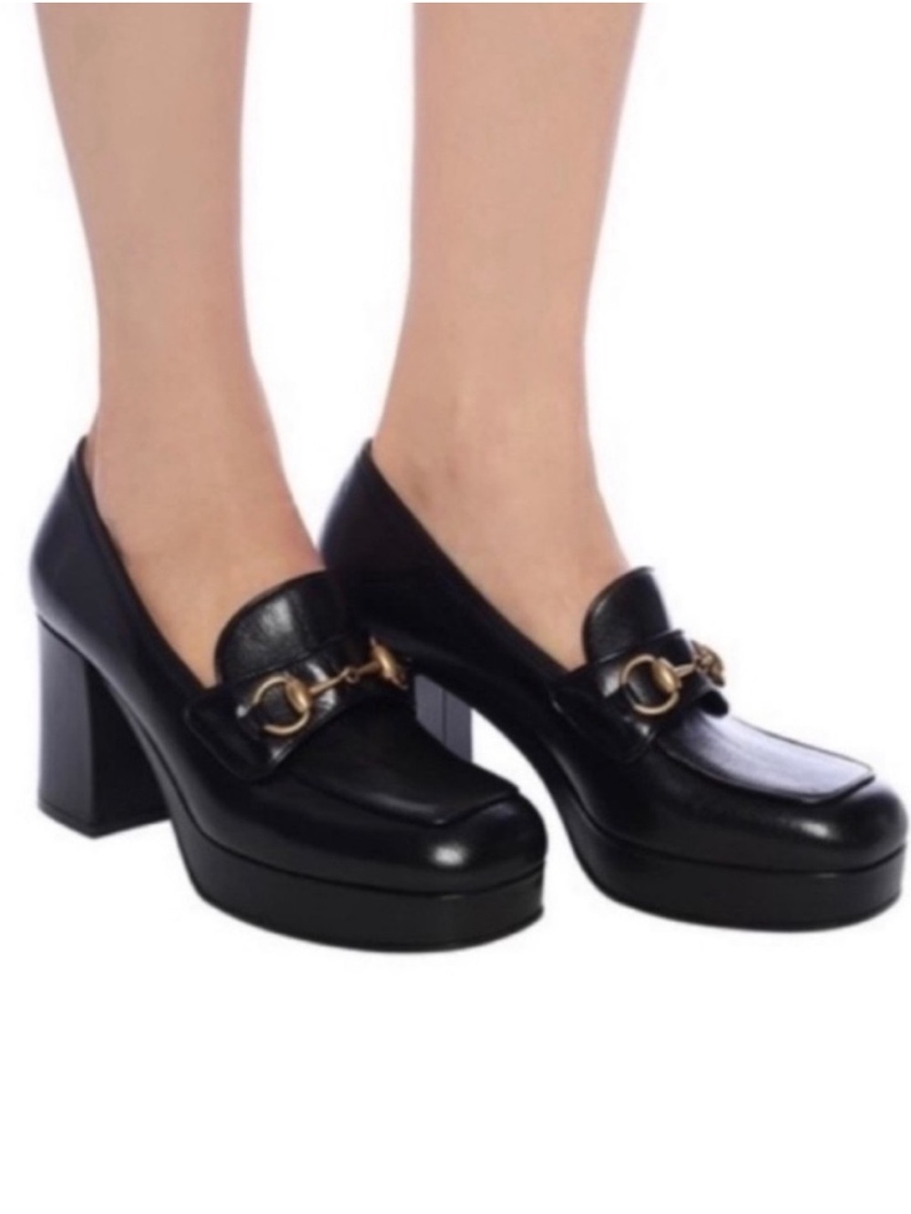 Gucci Houdan Black Leather Gold Horsebit Platform Block Heel Loafers 39 1/2